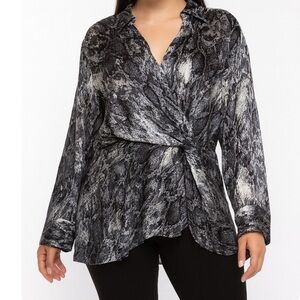 Vince Camuto blouse top faux wrap snake skin print long sleeve black/white SZ L